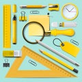 School supplies, yellow stationery accessories on mint background, top view, vector illustration Royalty Free Stock Photo