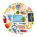 School symbols. Circle shape with education icons books computers backpack digital gadgets pencil apple garish vector Royalty Free Stock Photo