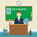 School teacher in classroom. Geography lesson. Vector illustration  flat style Royalty Free Stock Photo