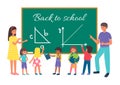 School teacher for education student in classroom, back to school vector illustration. Boy girl child student at cartoon Royalty Free Stock Photo