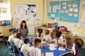 School teacher and kids work on class project, elevated view Royalty Free Stock Photo