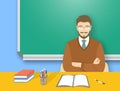 School teacher man at the desk flat education illustration Royalty Free Stock Photo