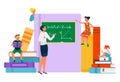 School teacher at math class, vector illustration, flat tiny girl boy character study education in class, pupils sit at Royalty Free Stock Photo