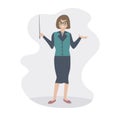 A school teacher with a pointer, Woman. Painted vector character, avatar. Back to school