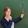 School teacher with a sad face writes in chalk a question mark on a blackboard. Upset woman teacher on green background Royalty Free Stock Photo