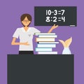 School teacher shows an example of calculation on a blackboard, illustration for educational institutions