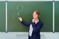 School teacher stands at the blackboard with a chalk drawn question mark. The female teacher stands with a thoughtful face Royalty Free Stock Photo