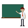 School teacher stands near blackboard. Lecturer in College in classroom. Clean chalkboard for chalk text Royalty Free Stock Photo