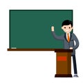 School teacher stands near blackboard. Lecturer in College in classroom Royalty Free Stock Photo