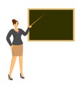 School teacher woman in classroom near blackboard. Young female teacher with pointer, showing on chalkboard. Professor