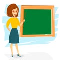 School teacher young cheerful woman. School teacher teaching with a pointer. Vector Illustration.