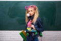 School teen. Fashion hipster girl with girl in fashion accessories. Minimal design fashion Sweet colors. Adorable Royalty Free Stock Photo