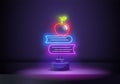 School textbooks neon sign. Stack of books and red apple. Back to school concept. Vector illustration in neon style Royalty Free Stock Photo