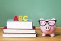 School theme with ABCs and pink piggy bank with chalkboard in the background