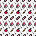 School themed pattern with books, apples, rulers, pencils, and triangles on a white background Royalty Free Stock Photo