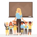 School time or back to school illustration. Woman teacher and group of kids stand at blackboard.