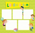 School time table template with picture of male and female pupils characters on background
