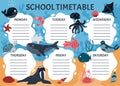 School timetable of classes in elementary school. Weekly planner template with cartoon sea animals. Vector graphics in cartoon