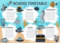 School timetable of classes in elementary school. Weekly planner template with cartoon sea animals. Vector graphics in cartoon