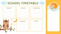 School Timetable with Cute Fox and Owl Having Bedtime Vector Template Royalty Free Stock Photo