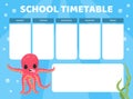 School Timetable with Cute Funny Pink Octopus with Tentacles Vector Template Royalty Free Stock Photo