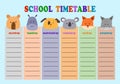 School timetable design with cute aimals head. Timetable for elementary school. Vector template. Design of kid's