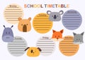 School timetable design with cute aimals head. Timetable for elementary school. Weekly planner with cartoon animals