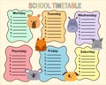 School timetable design with cute aimals head. Weekly planner with cartoon animals. Timetable for elementary school