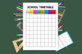 School timetable on the green background with school equipment