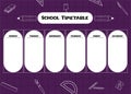 School timetable. Kids plan schedule. Cute purple background. Vector background. Education background. Vector drawing. Weekly