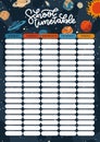 School timetable sheet template. Childish printable galaxy weekly planner for kids, solar system with stars on dark Royalty Free Stock Photo