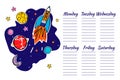 School Timetable space graphic. Doodle rocket and planets. Vector illustration. Royalty Free Stock Photo