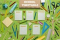 School timetable with stationery on green background. Lesson schedule Royalty Free Stock Photo
