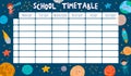 School timetable template with cartoon planets, rockets, shuttle. Back to school schedule with space background for Royalty Free Stock Photo