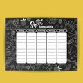 School timetable template on chalk board with hand drawn dino. Weekly lessons shedule in sketchy style decorated with doodles on