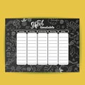 School timetable template on chalk board with hand drawn dino. Weekly lessons shedule in sketchy style decorated with doodles on