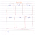 School timetable template on copy book sheet with hand written text. Weekly lessons shedule in sketchy style decorated with hand
