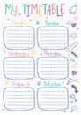 School timetable template on copy book sheet with hand written text.