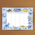 School timetable and weekly schedule vector template. Student lesson plans with cute cartoon dinosaurs and dino eggs on blue