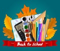 School tools. Autumn leaves and red ribbon with the inscription. Vector image