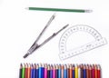 School tools for geometry. Compas with protractor and pencils
