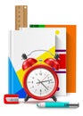 School tools. Office stationery. Color hardcover notepads. Alarm clock. Sharpener and ruler. Studying paper organizer