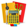 School tools. Office stationery. Realistic calculator. Scissors and eraser. 3D mathematical accessories. Math compass Royalty Free Stock Photo