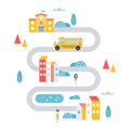 School Transport Service in Town, Countryside or Remote Area. Flat Vector Illustration