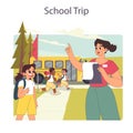 School trip. School bus tour vacation. Holiday adventure with classmates