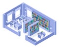 School or university isometric library bookshelves and bookcases interior. College library with books and bookcases