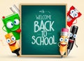 School vector characters of funny pencil, pen, sharpener Royalty Free Stock Photo