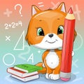 Cute cartoon fox with a big red pencil and books. Royalty Free Stock Photo