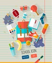 School vector illustration on line notebook paper. School illustration with school objects. Royalty Free Stock Photo