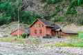 School in Village Flam in Norway. Flam village in Flamsdalen, inner end of Aurlandsfjorden, branch Sognefjorden. Wooden